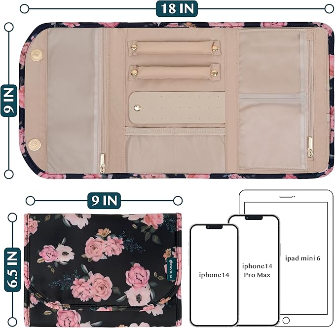 Pavilia Foldable Jewelry Organizer - Travel Roll Bag with Compartments for Earrings, Rings, Necklaces, Bracelets - Packing Accessory