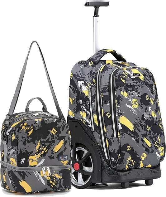 NEW TILAMI 19 Inch Rolling Backpack with Lunch Bag for Girls Boys Wheeled Laptop Backpack Durable Carry-on Bag School Travel, Doodle Yellow