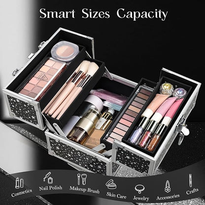 FRENESSA Makeup Train Case 8.85 Inch Portable Makeup Case Organizer Cosmetic Box Make Up Box Makeup Organizer Cosmetic Storage Cases with Locking Nail Kit Organizer Small Travel Case Shiny Star