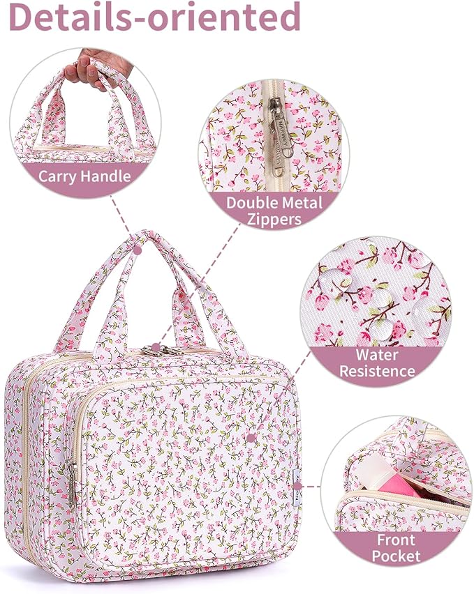 Narwey Hanging Toiletry Bag for Women Travel Makeup Bag Organizer Toiletries Bag for Travel Size Essentials Accessories Cosmetics (Green Leaves and Flower (Medium))