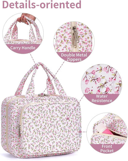 Narwey Hanging Toiletry Bag for Women Travel Makeup Bag Organizer Toiletries Bag for Travel Size Essentials Accessories Cosmetics (Green Leaves and Flower (Medium))