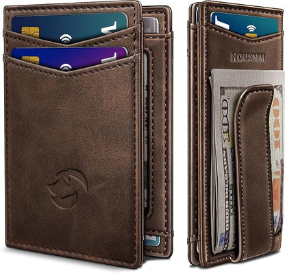 Magnetic Closure Slim Wallet with Money Clip Gift Boxed,Genuine Leather Front Pocket Wallet for Men, 3.9"x 2.11", RFID Blocking