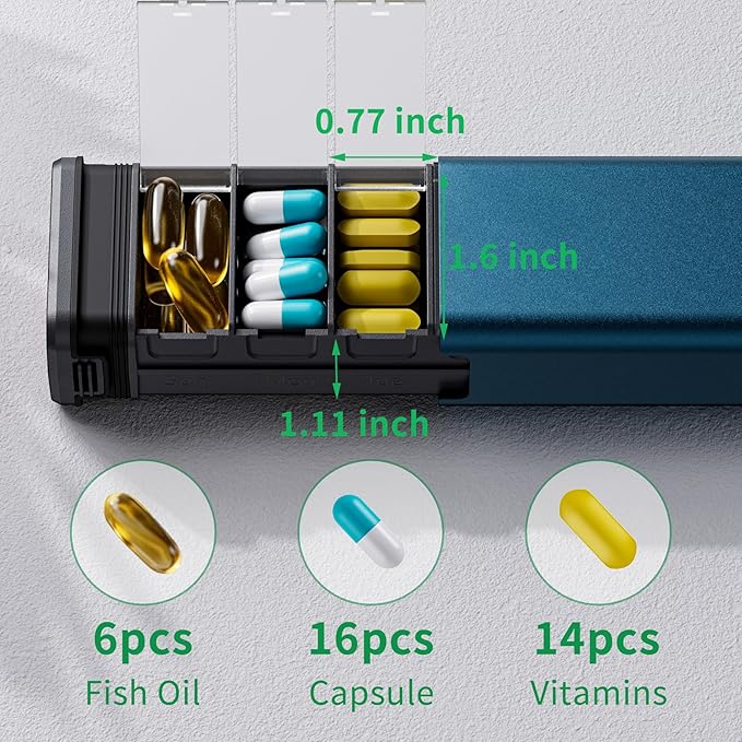 7 Day Weekly Metal Pill Organizer Travel, Kursoaya Premium Aluminum Daily Pill Box, Cute Portable Pill Case, Large Capacity Pill Holder for Supplements, Pills, Vitamins, Medicine (Matte Blue)