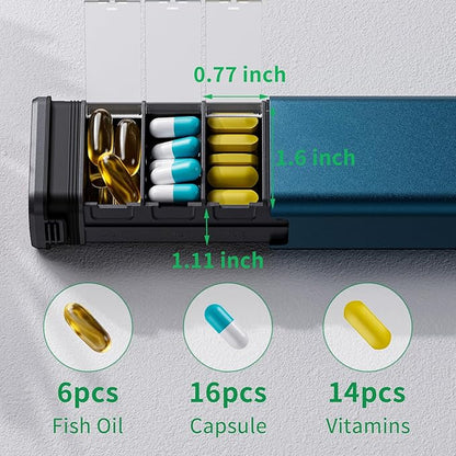 7 Day Weekly Metal Pill Organizer Travel, Kursoaya Premium Aluminum Daily Pill Box, Cute Portable Pill Case, Large Capacity Pill Holder for Supplements, Pills, Vitamins, Medicine (Matte Blue)