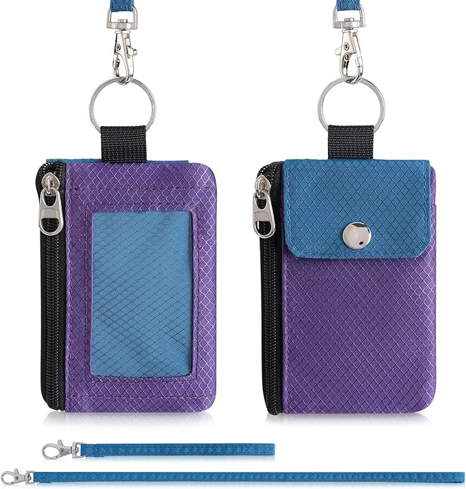 Minimalist Wallet For Mens Womens, Keychain RFID Blocking Zipper Small Wallet with ID Window 2 Lanyards,Water Resistant Travel Cash Card Coin Case Boys Girls