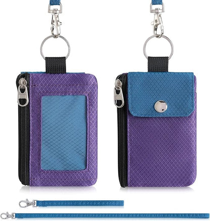 Minimalist Wallet For Mens Womens, Keychain RFID Blocking Zipper Small Wallet with ID Window 2 Lanyards,Water Resistant Travel Cash Card Coin Case Boys Girls