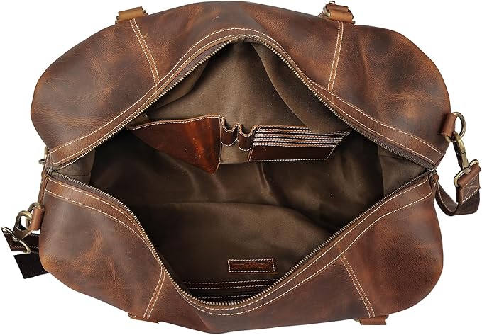 KomalC Leather Duffel Bags for Men and Women - Full Grain Buffalo Leather - Dark Tan