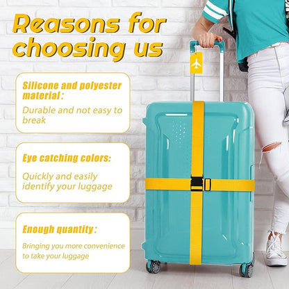 Weewooday 8 Pcs Luggage Straps Suitcase Tags Set for TSA Approved, 4 Travel Adjustable Suitcase Belt, 4 Silicone Luggage Tags with Name ID Card Travel Accessories(Yellow,Airplane)