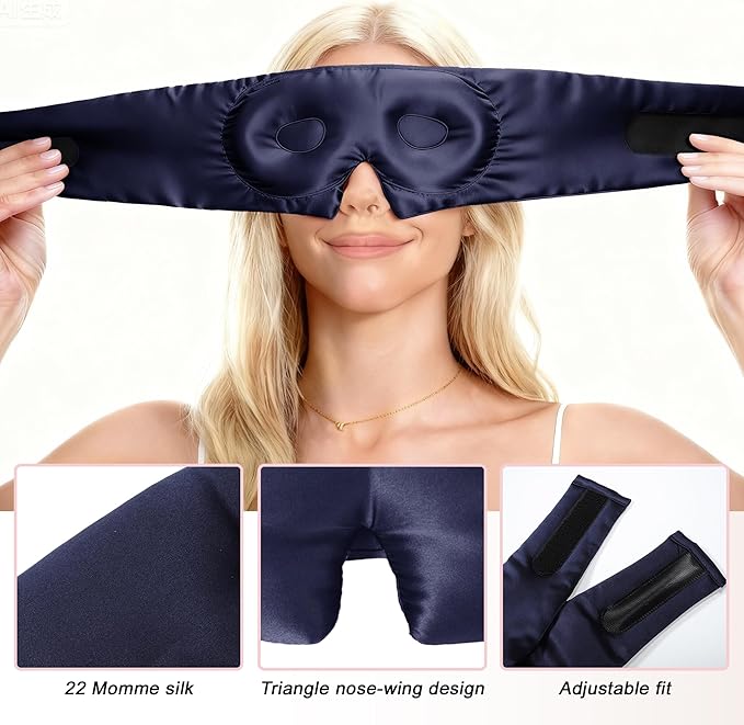 VOCOSTE 22 Momme Pure Silk Sleep Mask with Travel Pouch, 3D Contour Adjustable Blindfold for Side Sleepers, Eyelash Protecting for Natural Lashes & Extensions, Navy Blue