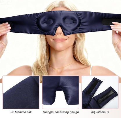 VOCOSTE 22 Momme Pure Silk Sleep Mask with Travel Pouch, 3D Contour Adjustable Blindfold for Side Sleepers, Eyelash Protecting for Natural Lashes & Extensions, Navy Blue