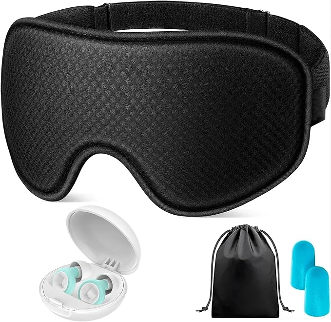 3D Sleep Mask and Earplugs Set for Travel & Deep Sleep | 100% Light Blocking Eye Mask, Memory Foam Comfort, & Reusable Noise Canceling Ear Plugs