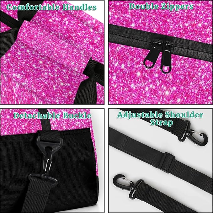 Personalized Kids Sports Duffel Bag with Name Custom Weekender Overnight Bag for Boys Girls Gym Bag Travel Dance Gymnastics Duffel Bag, HotPink Glitter