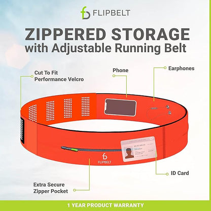 FlipBelt Adjustable Running Belt, Fitness and Running Fanny Pack for Women and Men, Non Chafing Waist Band Pack for Phone Keys Money, Moisture Wicking Storage Belt, USA Company