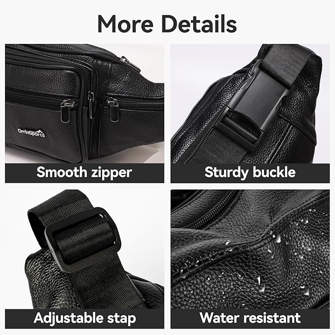 Leather Fanny Pack for Men Women,Genuine Leather Waist Belt Bag with Adjustable Strap Belt Hip Bag with Multi-Pockets for Travel Sports Running Cycling Hiking(Black)