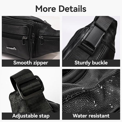 Leather Fanny Pack for Men Women,Genuine Leather Waist Belt Bag with Adjustable Strap Belt Hip Bag with Multi-Pockets for Travel Sports Running Cycling Hiking(Black)