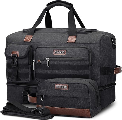 WITZMAN Duffle Bag for Men 50L Canvas Weekender Overnight Bag with Toiletry Bag Sets Travel Duffel Bag Shoes Compartment（A8010-2 Classic Black）