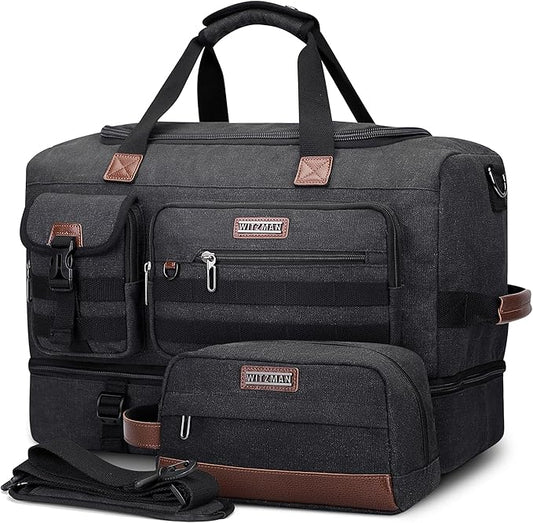 WITZMAN Duffle Bag for Men 50L Canvas Weekender Overnight Bag with Toiletry Bag Sets Travel Duffel Bag Shoes Compartment（A8010-2 Classic Black）