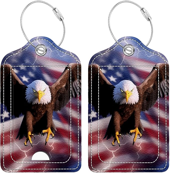 Funny PU Leather Luggage Tags 2-Pack Flying Eagle American Flag Lightning Cute Pattern Suitable for Suitcase Stainless Steel Loop and Address Card Essential for Cruise and Airport Travel