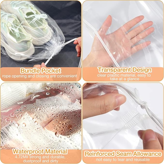 Thenshop 100 Pieces Plastic Shoe Bags for Travel Large Clear Drawstring Bags 12 x 16 Inch Travel Shoe Organizers Thick Waterproof Storage Portable Pouch with Rope for Slipper Men Women