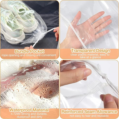 Thenshop 100 Pieces Plastic Shoe Bags for Travel Large Clear Drawstring Bags 12 x 16 Inch Travel Shoe Organizers Thick Waterproof Storage Portable Pouch with Rope for Slipper Men Women