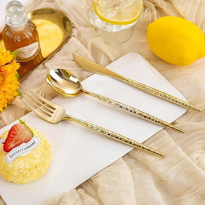 Rubtlamp 180 Pcs Gold Plastic Silverware - Disposable Plastic Utensils - Hammered Plastic Forks And Spoons - Gold Plastic Cutlery Set Include 60 Forks, 60 Knives And 60 Spoons for Party