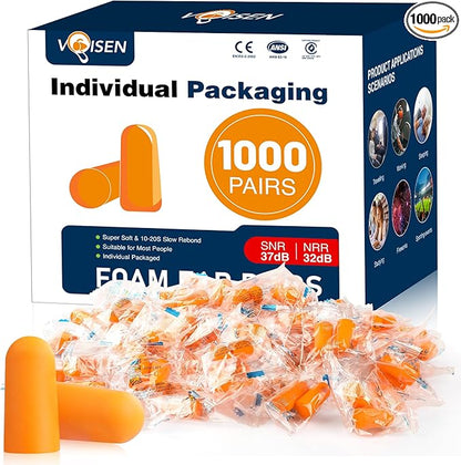 VOISEN Ear Plug,1000 Pairs Ear Plugs for Sleeping,32dB NRR 37dB SNR Ear Plugs Noise Cancelling for Snoring, Studying, Loud Events, Traveling & Concerts, Individual Package