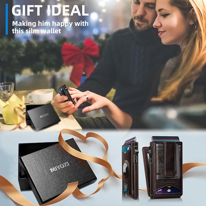 Airtag Wallet for Men,with Money Clip Gift Boxed,Slim Front Pocket Wallet RFID Blocking Metal Case Smart Pop-up Credit Card Holder in Magnetic Leather Flip