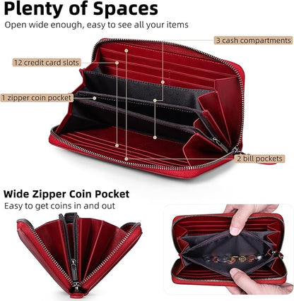 VISOUL Leather Long Zipper Pouch Wallet for Men and Women with RFID Blocking, Large Clutch Cash Long Wallet with Zipper (Burgundy)
