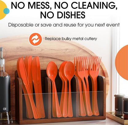 Orange Plastic Silverware Heavy Duty 300 Pieces Orange Disposable Silverware Heavy Duty, Utensil Sets, 100 Of Each Forks, Knives & Spoons Disposable Cutlery Set For Party Supplies