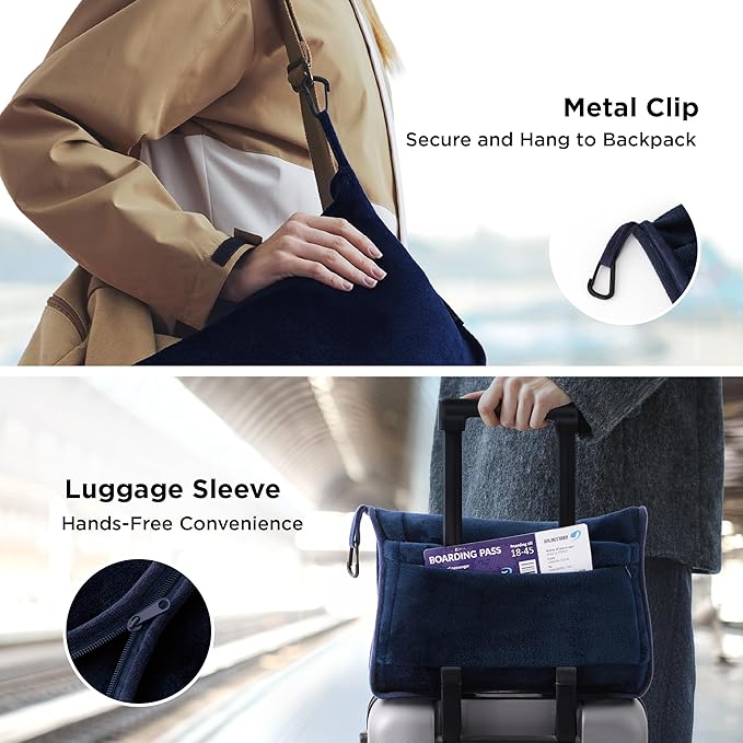 Bedsure Travel Blanket Airplane Compact with Storage Bag, Packable Blanket with Eye Mask, Lightweight 2-in-1 Travel Essentials, Functioned as Pillow for Airplane Comfort and Warmth, Navy