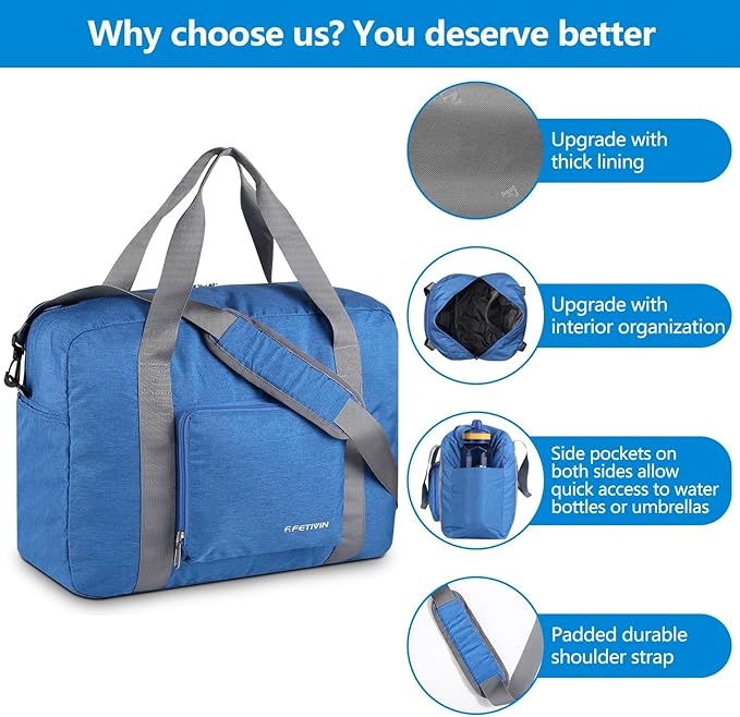 For Spirit Airlines Personal Item Bag 18x14x8 Foldable Travel Duffel Bag Underseat Carry-on Luggage for Women and men 30L(Blue)