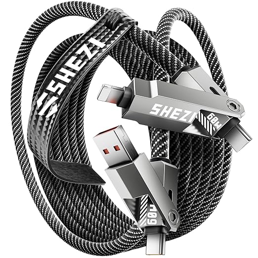 SHEZI Nylon Braided 4 in 1 USB C Cable 60W 10FT Compatible with Lightning Cable, Fast Charging for iPhone/iPad Charger Cord [480Mbps Data Sync],Multi Charging Cable with Type C/USB A, Grey