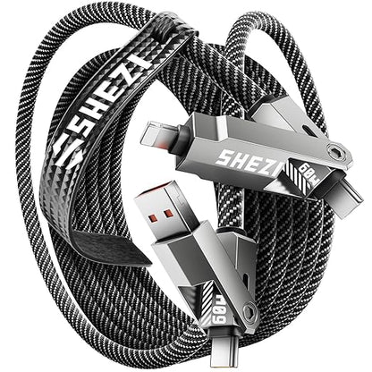 SHEZI Nylon Braided 4 in 1 USB C Cable 60W 10FT Compatible with Lightning Cable, Fast Charging for iPhone/iPad Charger Cord [480Mbps Data Sync],Multi Charging Cable with Type C/USB A, Grey