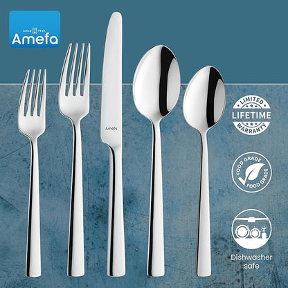 Amefa Moderno 45-Piece Flatware, Set for 8 – Stainless Steel Silverware, High-Gloss Mirror Finish, Rust-Resistant Cutlery with Dinner Forks, Knives, Spoons, Salad Forks & Teaspoons for Home Dining