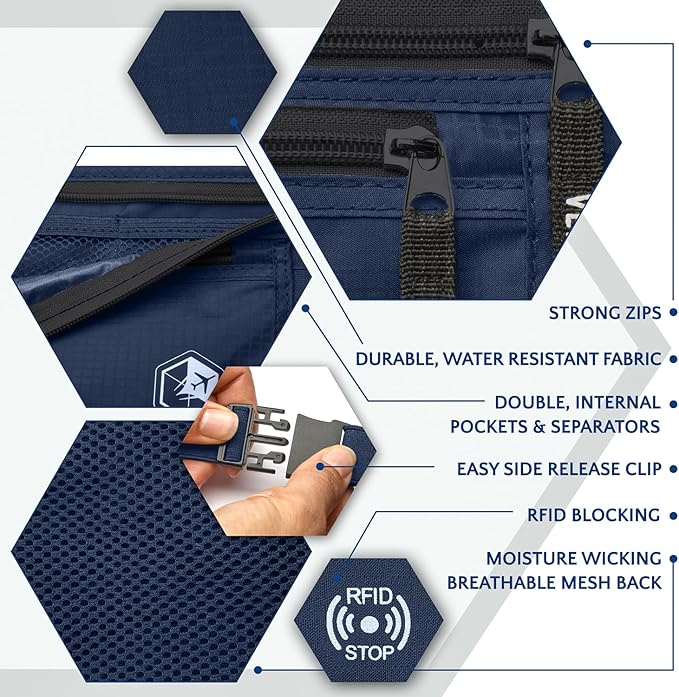 VENTURE 4TH Travel Money Belt - Slim Passport Holder RFID Blocking Travel Pouch to Protect Cash, Credit Cards and Travel Documents (Navy Blue)