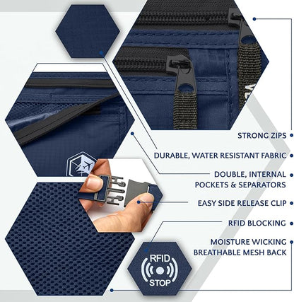 VENTURE 4TH Travel Money Belt - Slim Passport Holder RFID Blocking Travel Pouch to Protect Cash, Credit Cards and Travel Documents (Navy Blue)