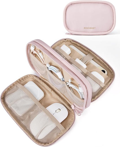 BAGSMART Cord Organizer Travel Cable Bag, Compact Tech Electronic Organizer Travel Case, Essentials for Charger, Cable, Phone, Flash drive, Double Layers (Pink)