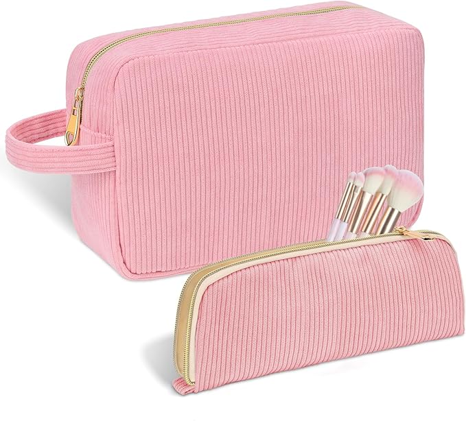 Personalized Initial Makeup Bag Trendy Stuff Corduroy Cosmetic Bag Travel Toiletry Bag for Women, Christmas/Thanksgiving/Halloween Gifts Makeup Organizer Case for Teen Girls Mom Girlfriend Wife - Pink