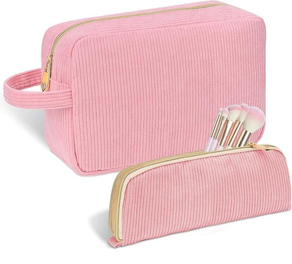 Personalized Initial Makeup Bag Trendy Stuff Corduroy Cosmetic Bag Travel Toiletry Bag for Women, Christmas/Thanksgiving/Halloween Gifts Makeup Organizer Case for Teen Girls Mom Girlfriend Wife - Pink