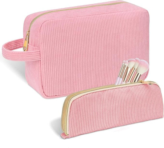 Personalized Initial Makeup Bag Trendy Stuff Corduroy Cosmetic Bag Travel Toiletry Bag for Women, Christmas/Thanksgiving/Halloween Gifts Makeup Organizer Case for Teen Girls Mom Girlfriend Wife - Pink