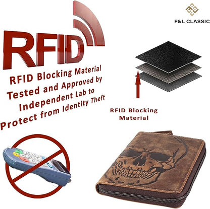 Passport Wallet - Travel Document Holder w/RFID Blocking – Full Grain Leather – Bifold compact zip around Wallet with Credit Card Slots for Women and Men, brown skull,500-31