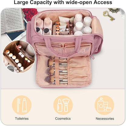 Travel Cosmetic Bag for Women, Lightweight Wide-open Makeup Travel Bags for Toiletries with 2 Removable Dividers, Large Makeup Organizer with Brushes Board, Multi Pockets for Gym, Daily, Pink