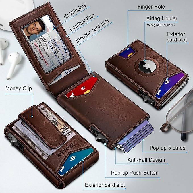 Airtag Wallet for Men,with Money Clip Gift Boxed,Slim Front Pocket Wallet RFID Blocking Metal Case Smart Pop-up Credit Card Holder in Magnetic Leather Flip