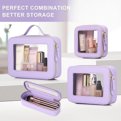 Pinkmik Clear Makeup Bag with Brush Bag 2pcs Waterproof Travel Case for Cosmetics and Toiletries Women's Cosmetic Organizer with Zipper (X/Purple, L+SLIM)