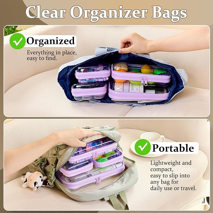 4 pcs Clear Zipper Pouches,Hard Shell Zipper Case, Toiletry Bag for Travel, CLear Diaper Bag, Toiletry Pouch, Travel Organizer, Clear Cosmetic Bag,Toy Storage Bins (M+3S) (Lavender)