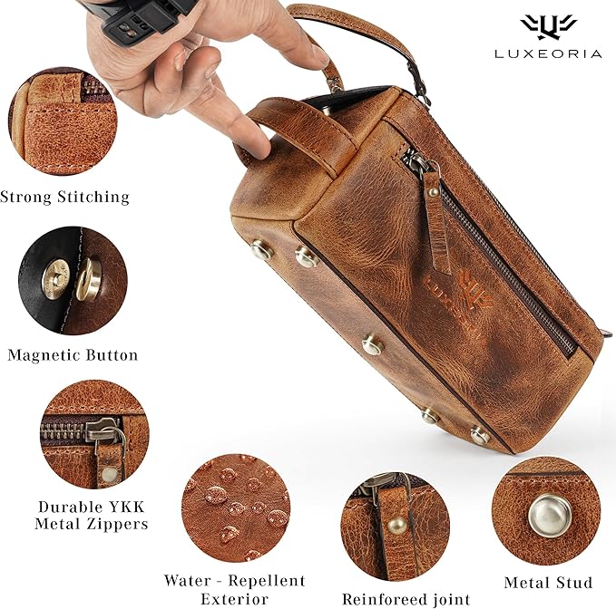 LUXEORIA Genuine Leather Toiletry Bags for Men and Women, Handmade Premium Leather Dopp Kit and Shaving Bag, Cosmetic Bag for Womens and Mens, Travel Essentials & Organizers