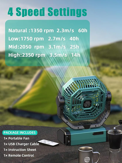 Portable Rechargeable Fan - 9-Inch Camping Fan for Tent, 20000mAh(60Hrs) Battery Operated for Camping, Auto Oscillation Cordless, Tent Fan with Remote/Light, 4 Speeds, 4 Timing, Outdoor