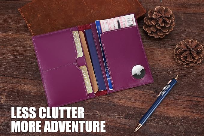 STAR VISTA Albatross Leather Travel Passport Holder, Minimalist Design, Calfskin Leather Case for Women and Men - Slim Passport Wallet, Bifold, RFID Blocking, with AirTag Holder, Violet