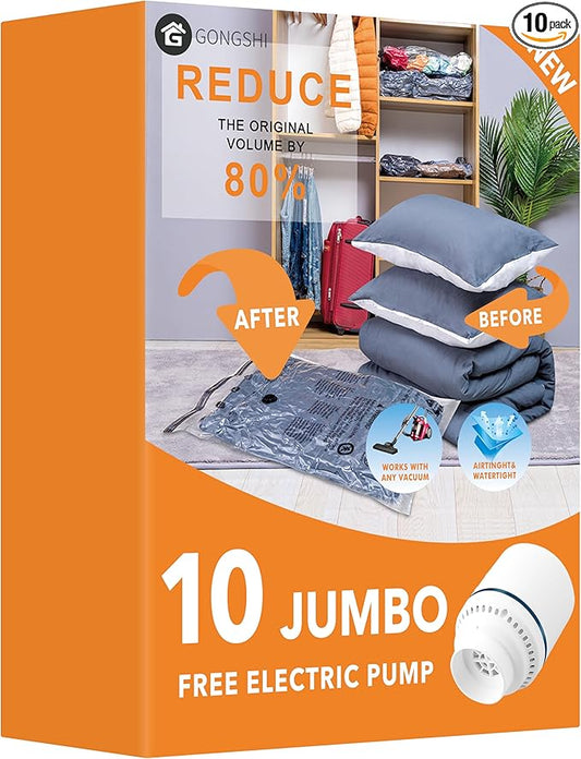 10 Jumbo Vacuum Storage Bags with Electric Pump,Plastic Packaging Bags, Space Saver Bag for Clothes, Mattress, Blanket, Duvets, Pillows, Comforters, Travel