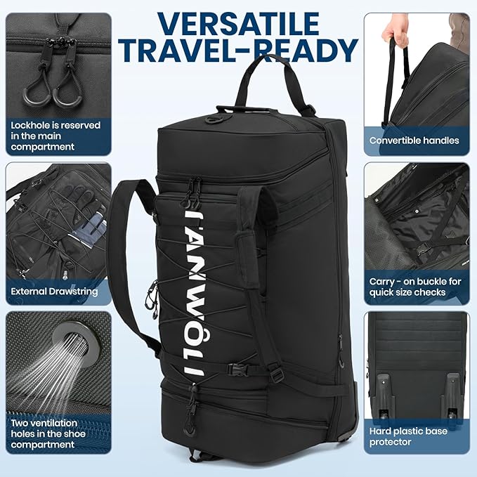 Fanwoli 92L 120L Large Rolling Duffle Bag with Shoes Compartment, 30’’ Expandable & Foldable Heavy Duty Water Resistant Travel Backpack, Convertible Foldable Duffel for Gym Camping Weekender